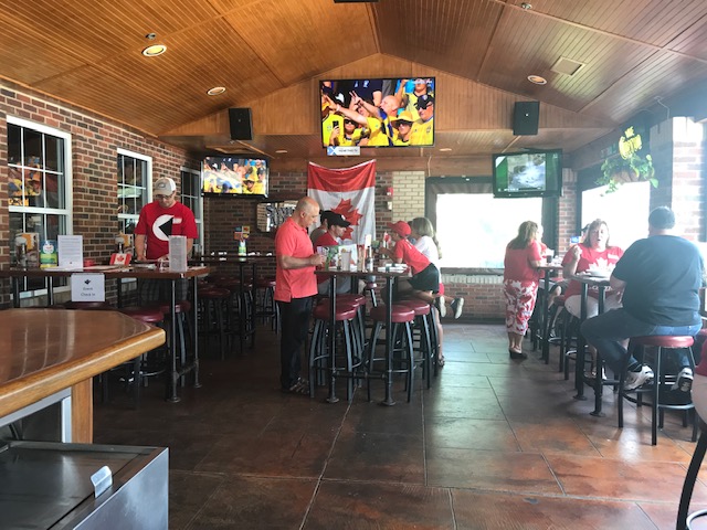 People sitting at bar tables